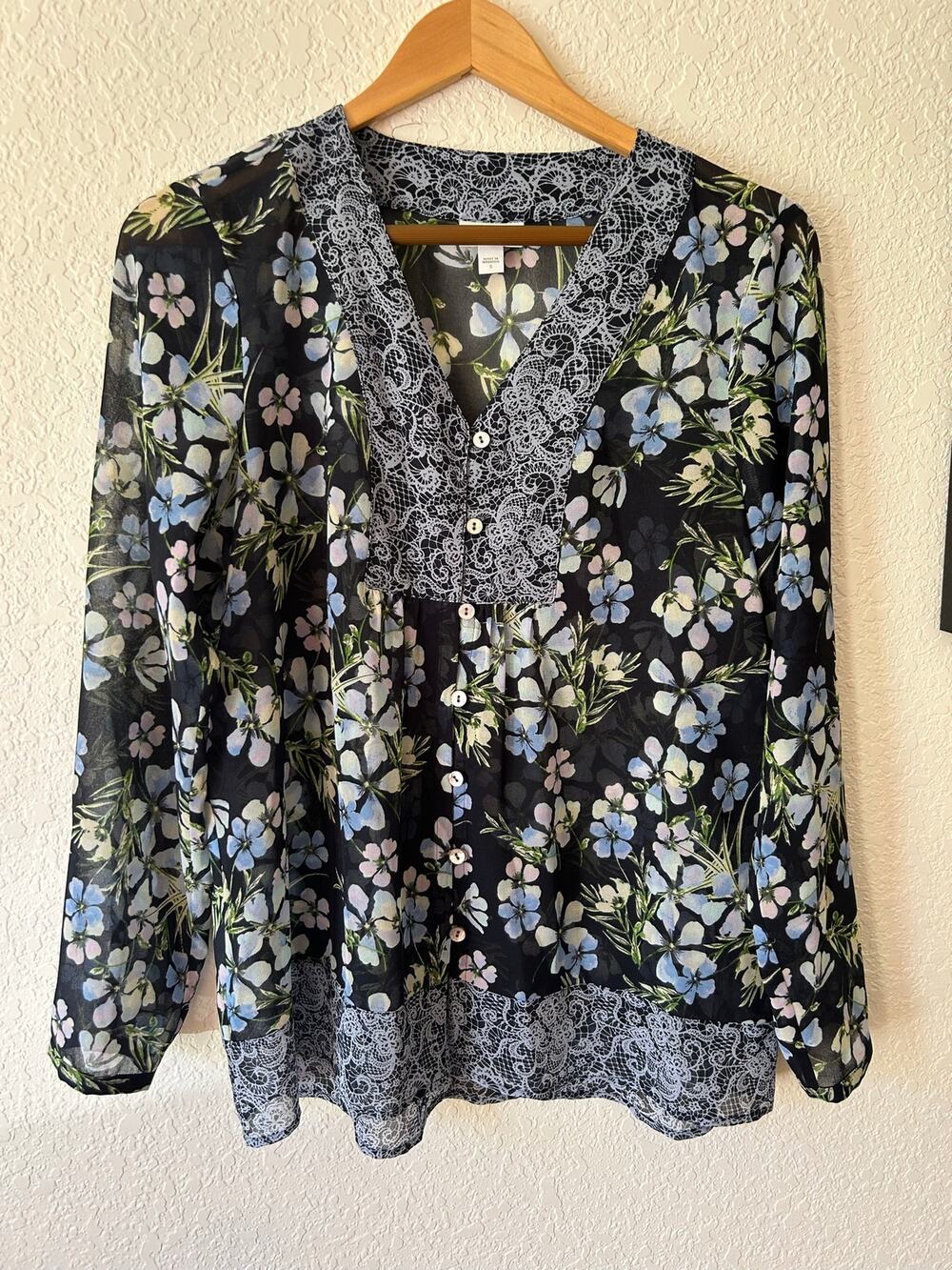 Jill Floral Print Peasant Blouse LongSleeve Semi Sheer Lace Boho cottage casual